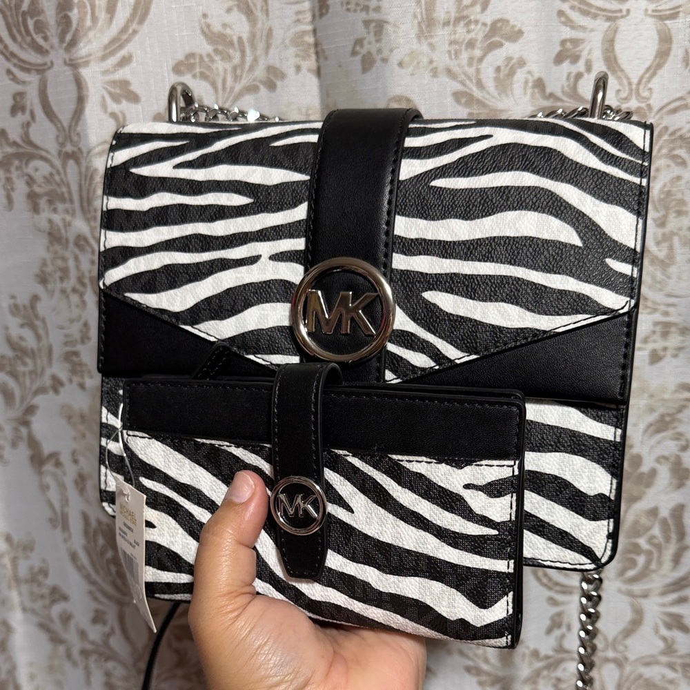 Michael Kors Black & White Zebra Crossbody Bag with Matching Card Wallet